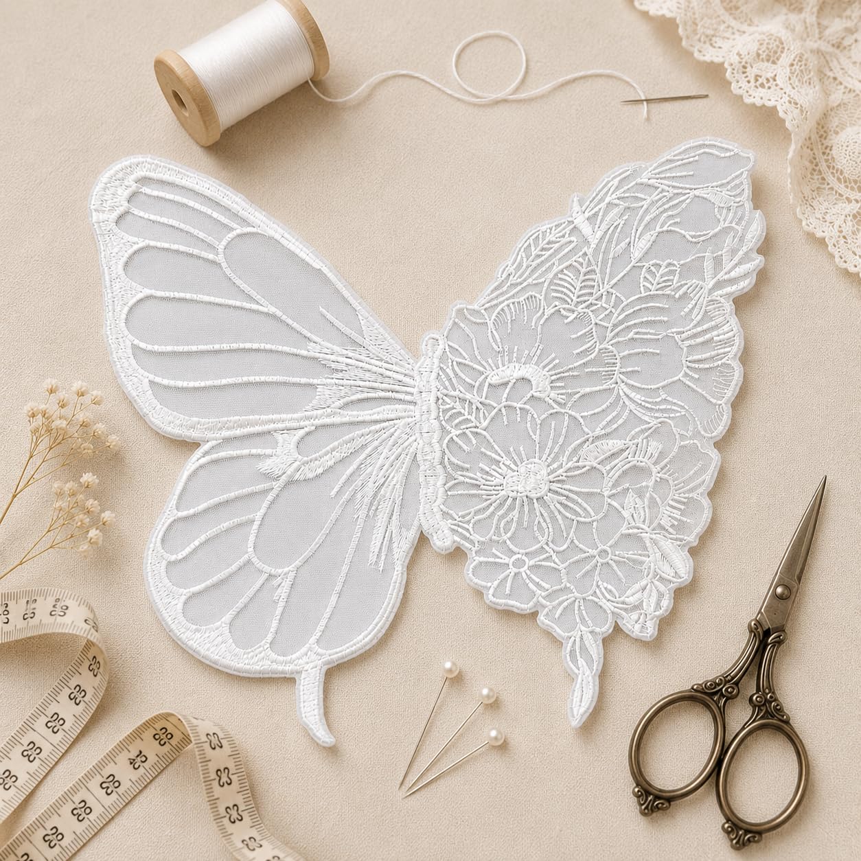 S.A.V.I Butterfly Floral Embroidery Sew-On Patch White Mesh 35x32cm|Floral Lace Motif for Dresses, Blouses & Gowns, Premium Fabric, DIY Clothing Repair & Customization, Women Craft Accessory