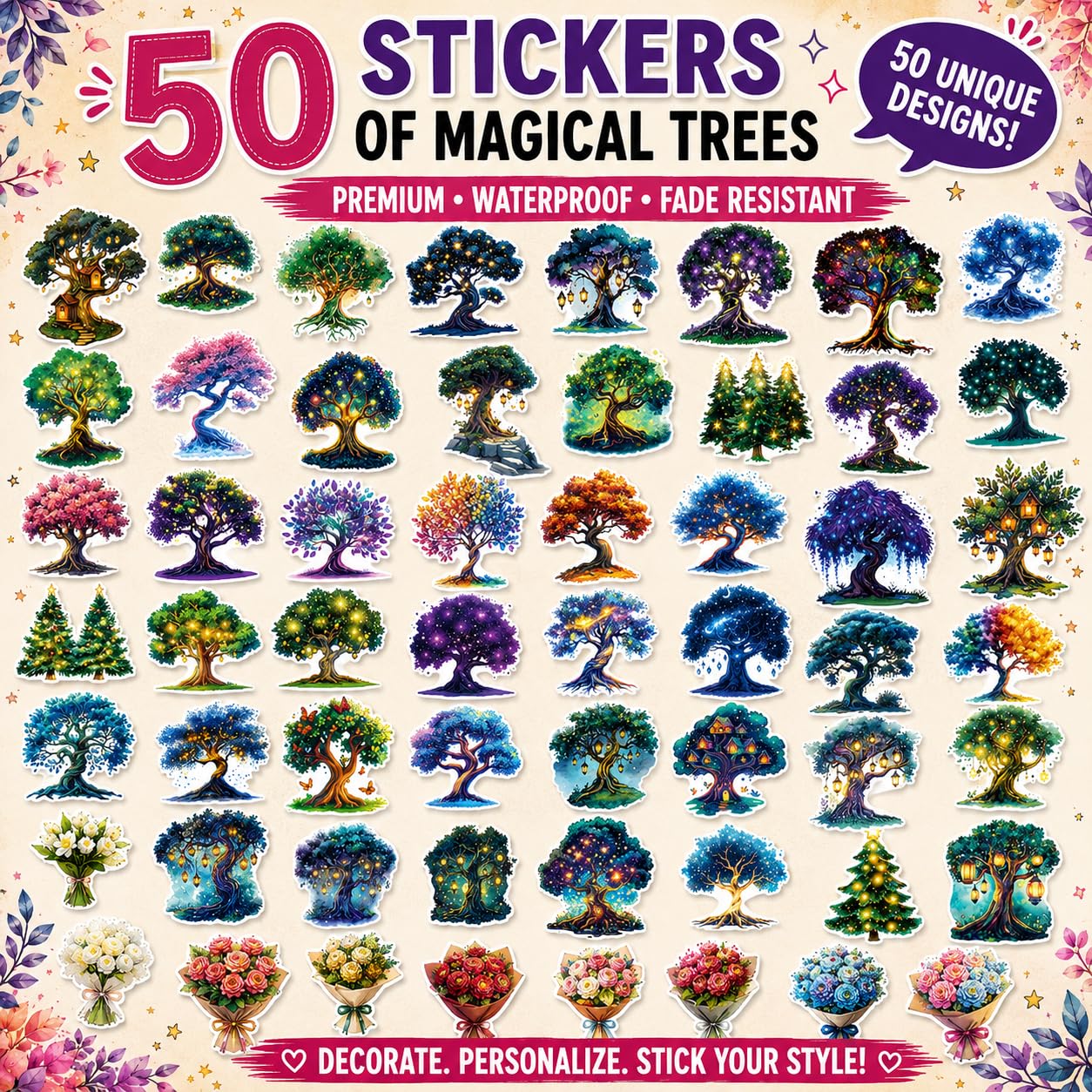 S.A.V.I 50 Pcs Tree Stickers Pack, Waterproof Vinyl Decals Multicolor