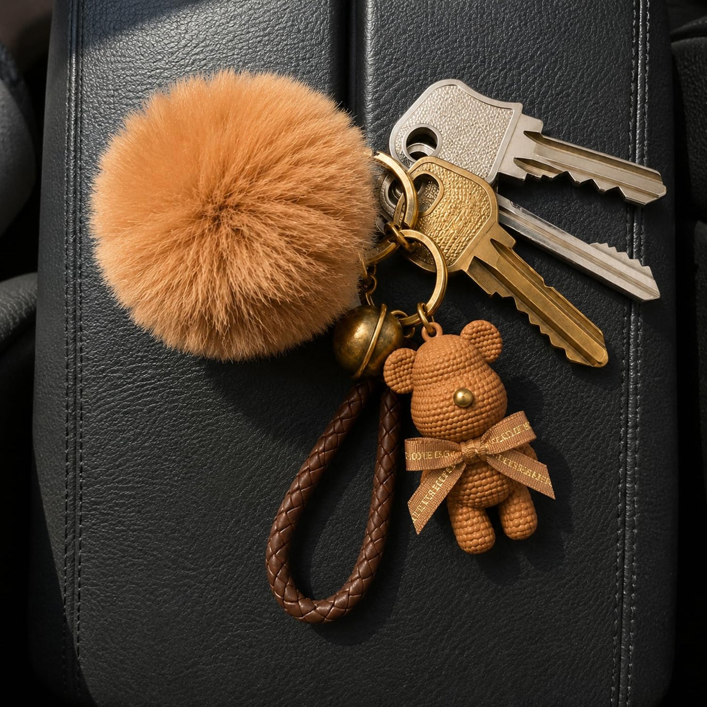 S.A.V.I Teddy Bear Pom Pom Keychain for Women, Faux Fur Bag Charm, Brown, Light Brown | 13.5 cm | Soft Fluffy Plush, Braided Strap, Bell Charm, Secure Clasp, Handbag & Backpack Accessory