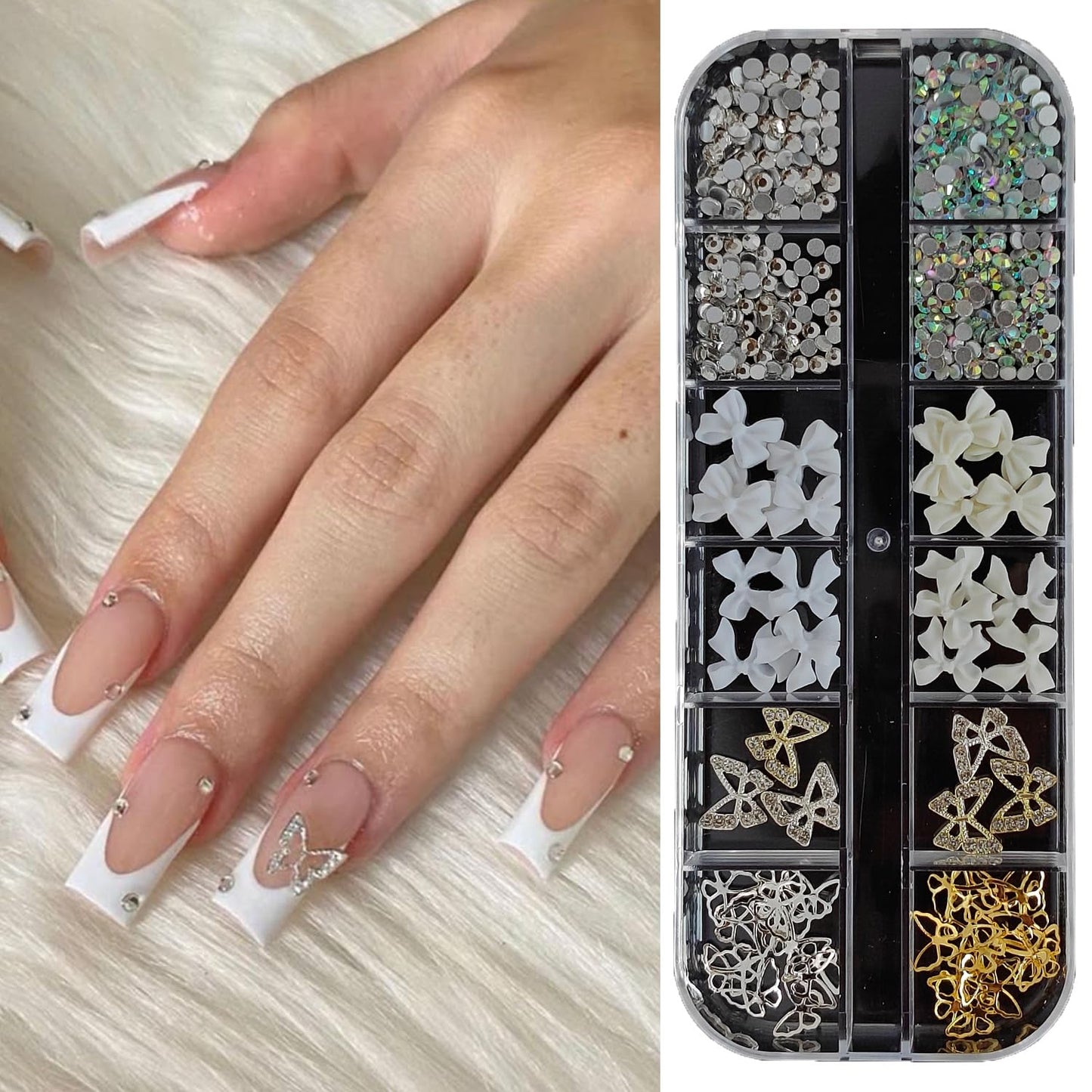 S.A.V.I 3D Nail Art Decoration Kit – 12 Section Box with White & AB Crystal Rhinestones, Bow Butterfly Designs, Flat-Back Glass Alloy Resin DIY Accessories, 31g