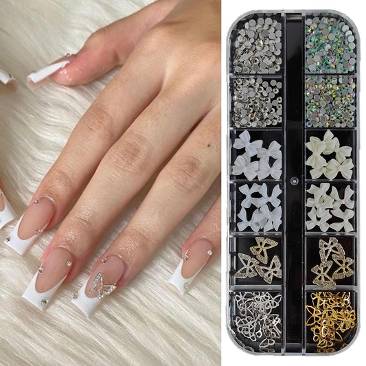 S.A.V.I 3D Nail Art Decoration Kit – 12 Section Box with White & AB Crystal Rhinestones, Bow Butterfly Designs, Flat-Back Glass Alloy Resin DIY Accessories, 31g