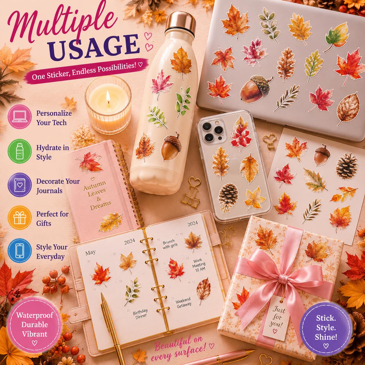 S.A.V.I Autumn Leaves Stickers Pack, 50 Waterproof Vinyl Decals