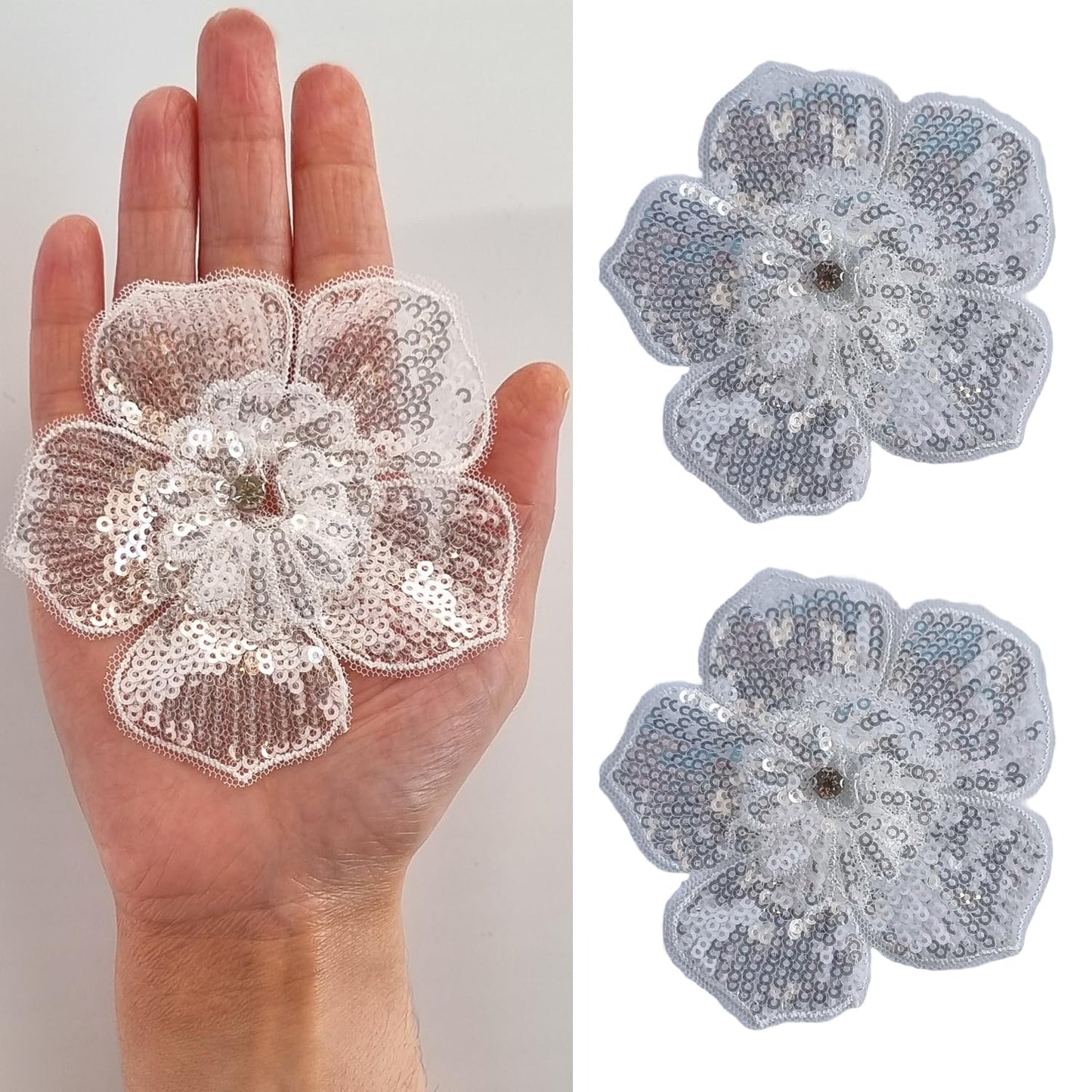 S.A.V.I 2PC 3D Silver White Sequin Flower Applique Patch | 3.5" Mesh Lace Embellishment for DIY Bridal, Ethnic Wear, Saree, Lehenga, Blouse, Gown, Dress  Craft Sewing | Hand Embroidery Décor Accessory