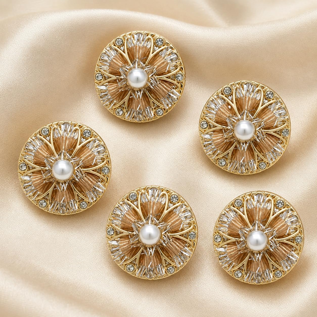 S.A.V.I Pearl Rhinestone Shank Buttons Gold Tone Crystal 17.5mm | Set of 5, Floral Embellishments, For Blazers & Jackets, Sewing Crafts, For Dresses