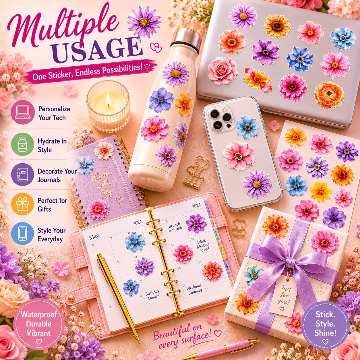 S.A.V.I 50 Pcs Floral Stickers Pack, Multicolor Waterproof Vinyl Decals