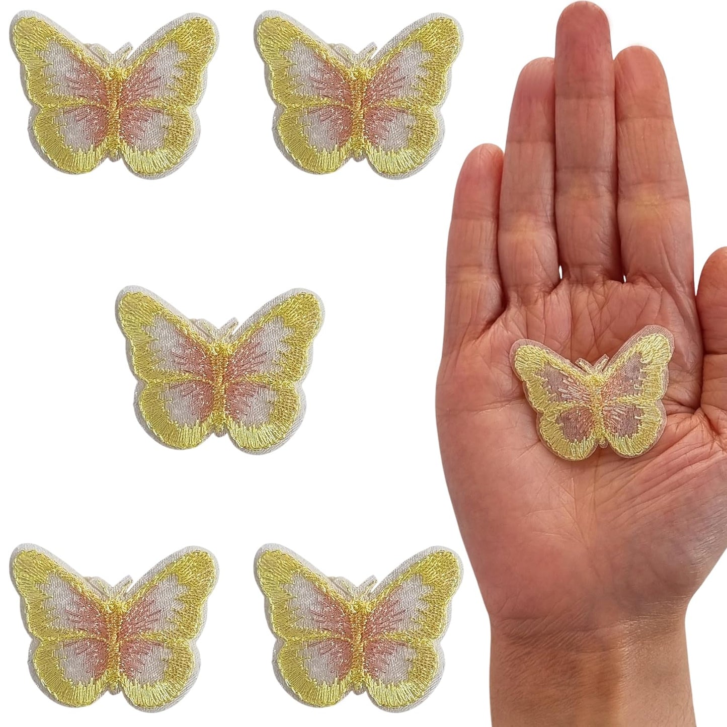 S.A.V.I 5PC 3D Blue Butterfly Applique Patch | Sew-On Mesh Lace Fabric Embroidery for DIY Dresses, Saree, Lehenga, Blouse, Gown, Bridal Wear  Craft | Decorative Sewing Patch (2x1.8 in) (Yellow pink)