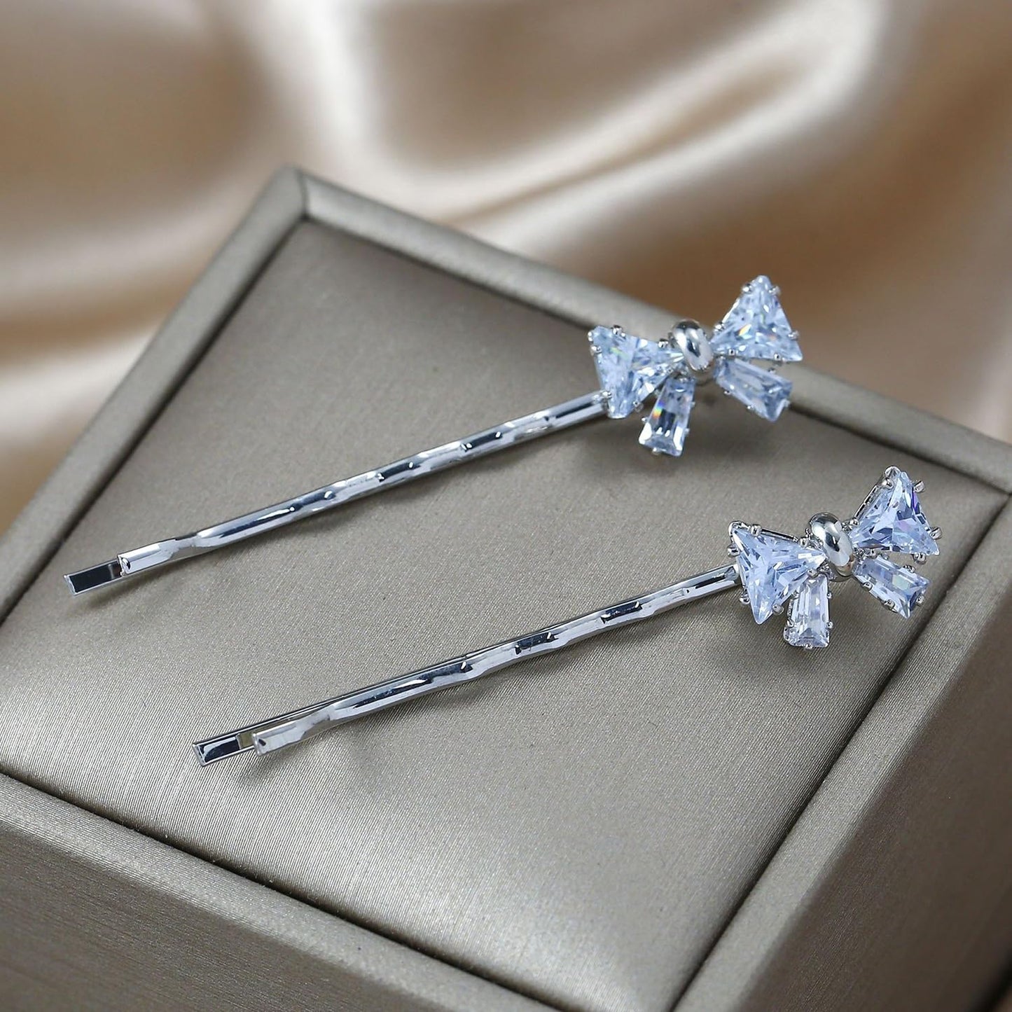 S.A.V.I 1 Pair Crystal Rhinestone Bow Hair Pins for Women & Girls | Silver Stylish Bobby Pins | 6cm Elegant Big Bow Hair Clips for Party, Wedding