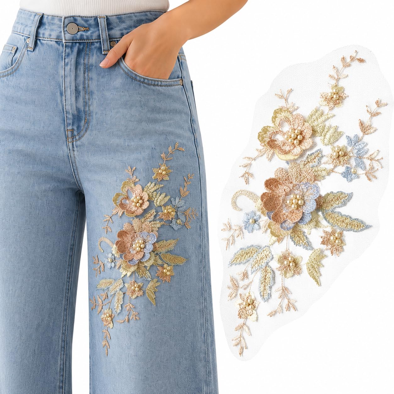 S.A.V.I Floral Embroidery Patch, Sew-On Applique 3D Pearl (Blue Coffee)|Blue & Coffee Mesh Lace Motif, 29 x 14 cm, Decorative Embellishment for Kurtas, Sarees, Blouses, Jeans & DIY Craft Repair