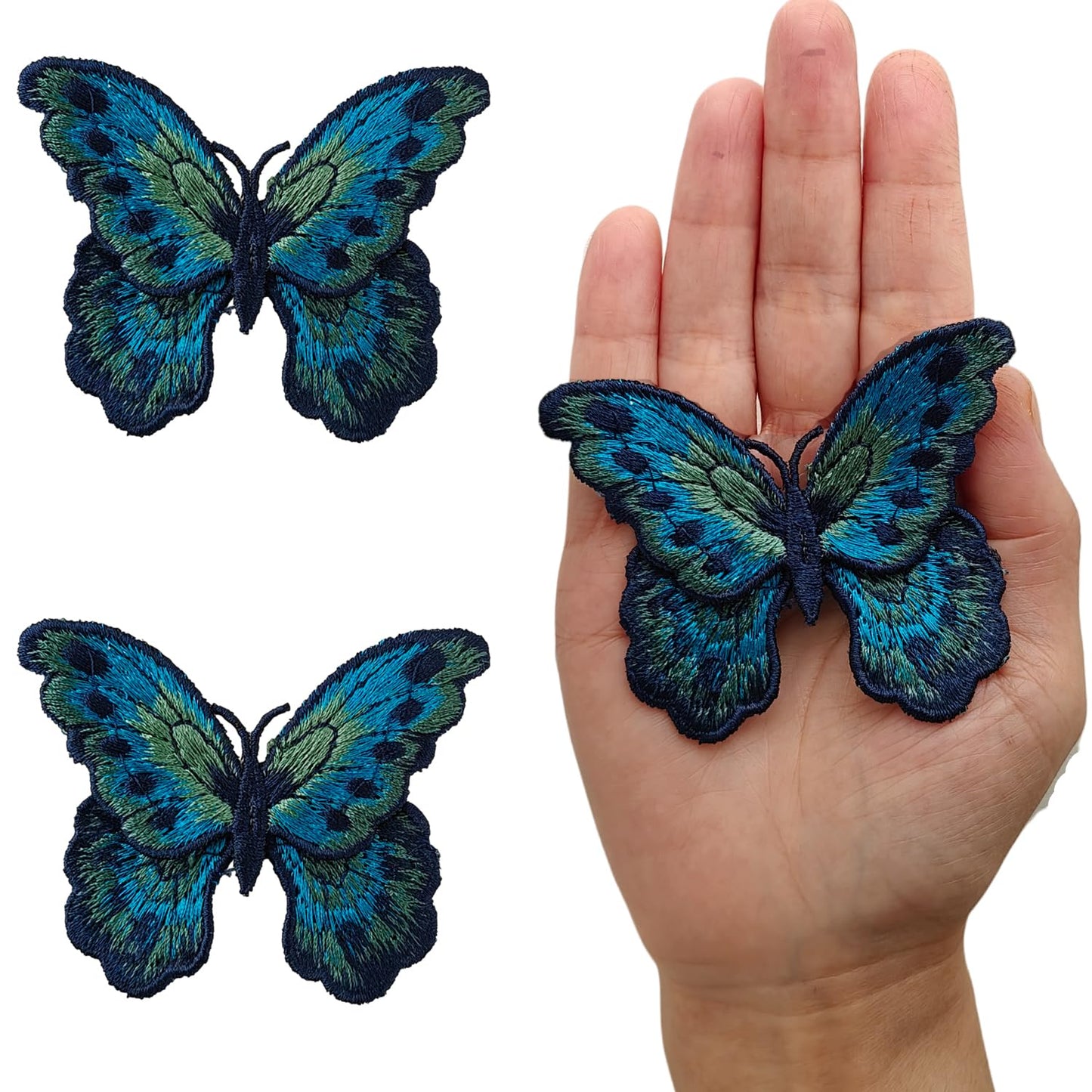 S.A.V.I 2 Pcs Handcrafted Peacock Blue & Green Butterfly Sew-On Embroidered Patch (8 x 5.8 cm) | Fabric Appliqué for Clothing, Jackets, Dresses, Bags & DIY Decor (Peacock Blue)