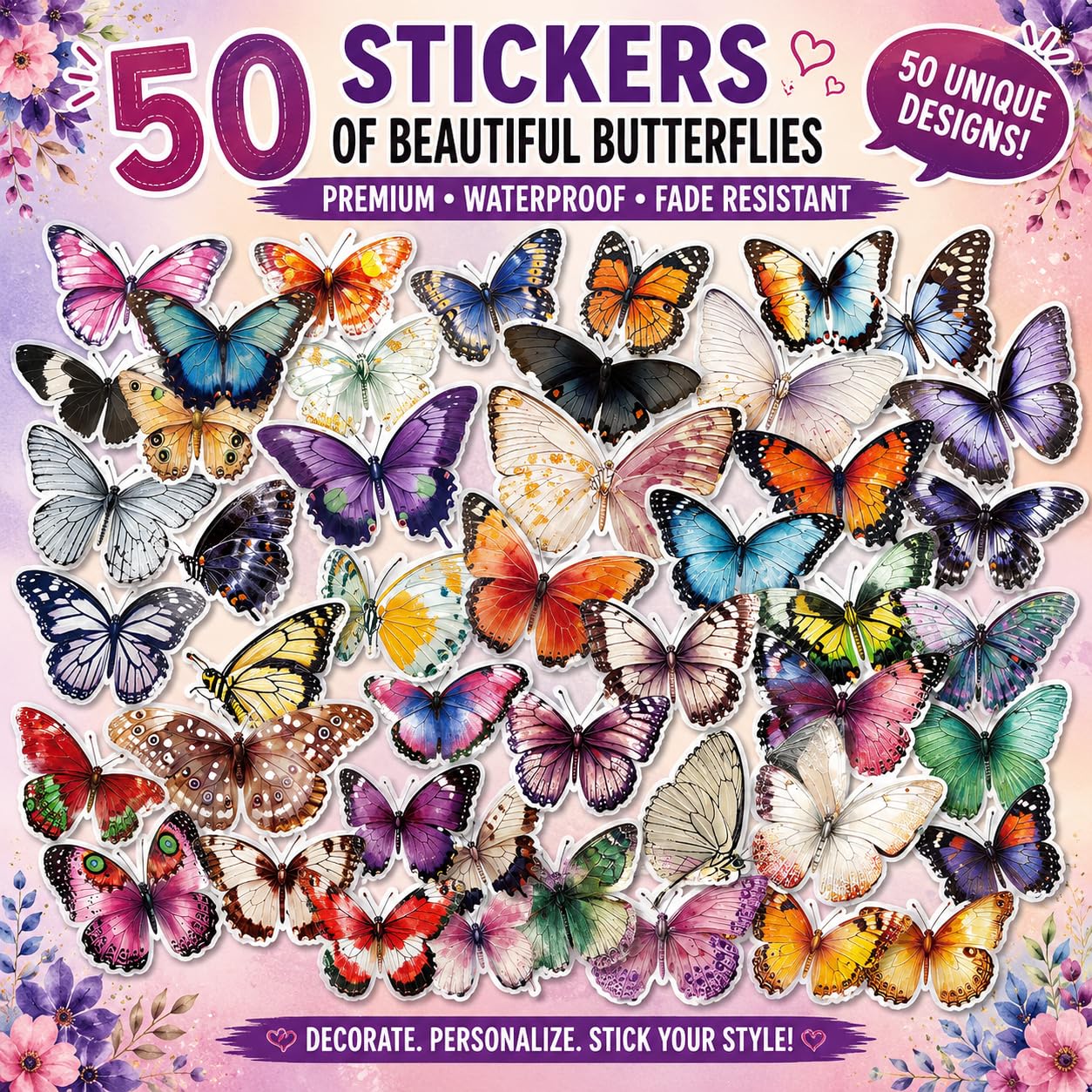 S.A.V.I 50 Pcs Butterfly Stickers Pack, Waterproof Vinyl Decals
