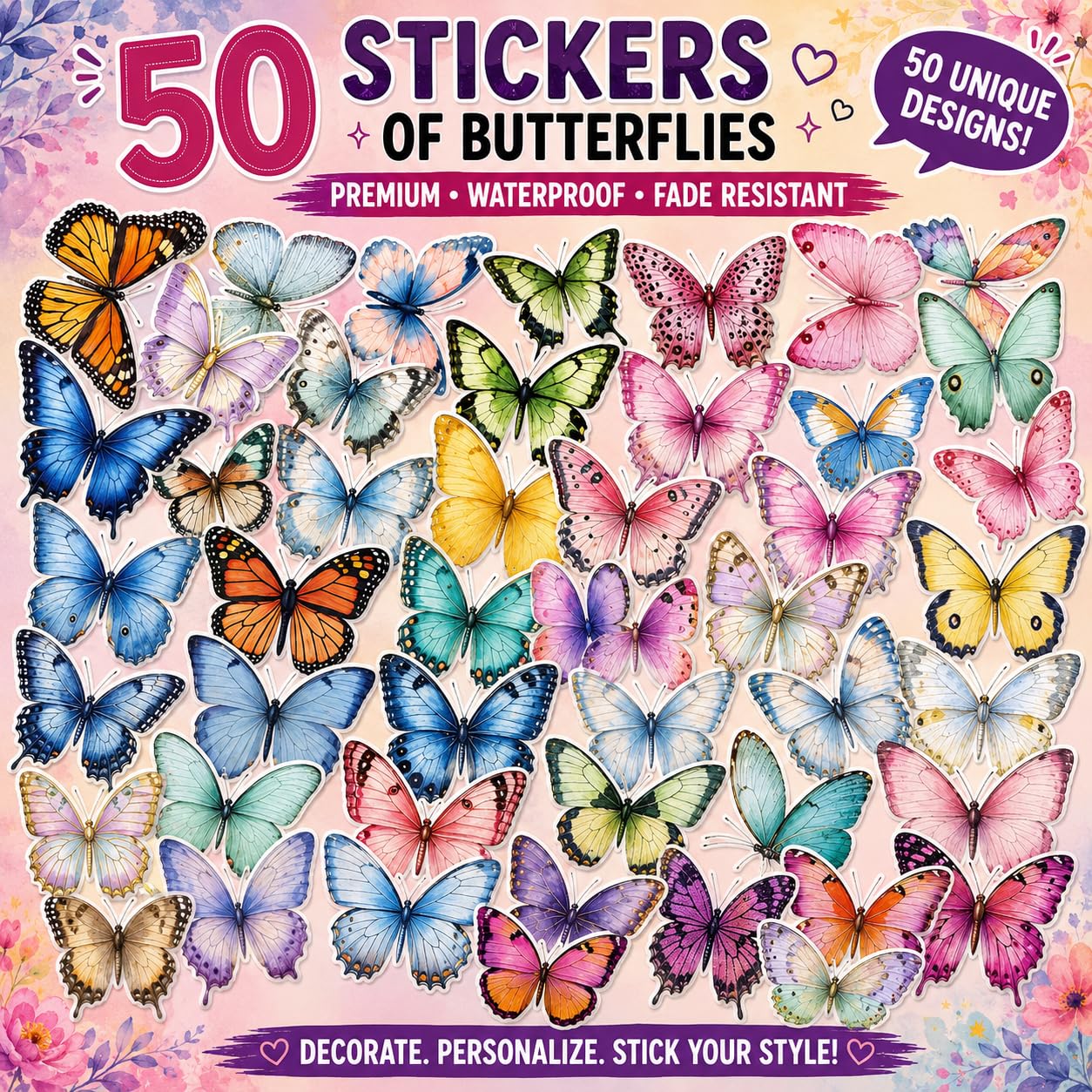 S.A.V.I 50 Pcs Butterfly Stickers Pack | Waterproof Vinyl Decals