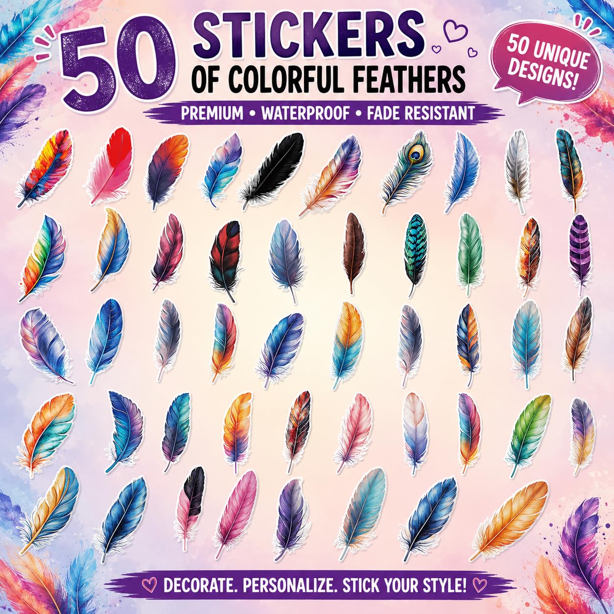 S.A.V.I 50 Pcs Colorful Feather Stickers Set, Waterproof Vinyl Decals