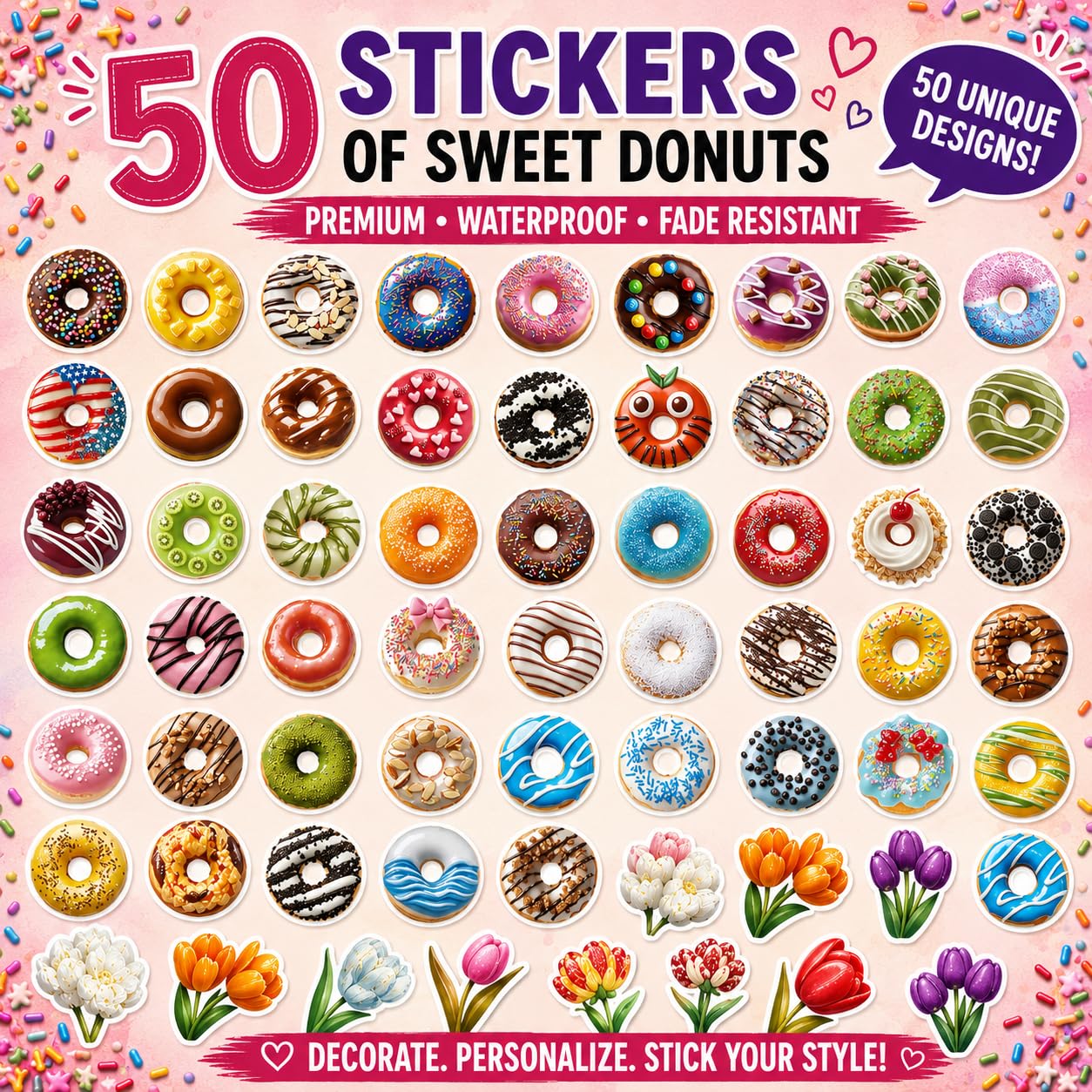 S.A.V.I 50 Cute Donut Stickers Pack | Kawaii Dessert Decals Multicolor