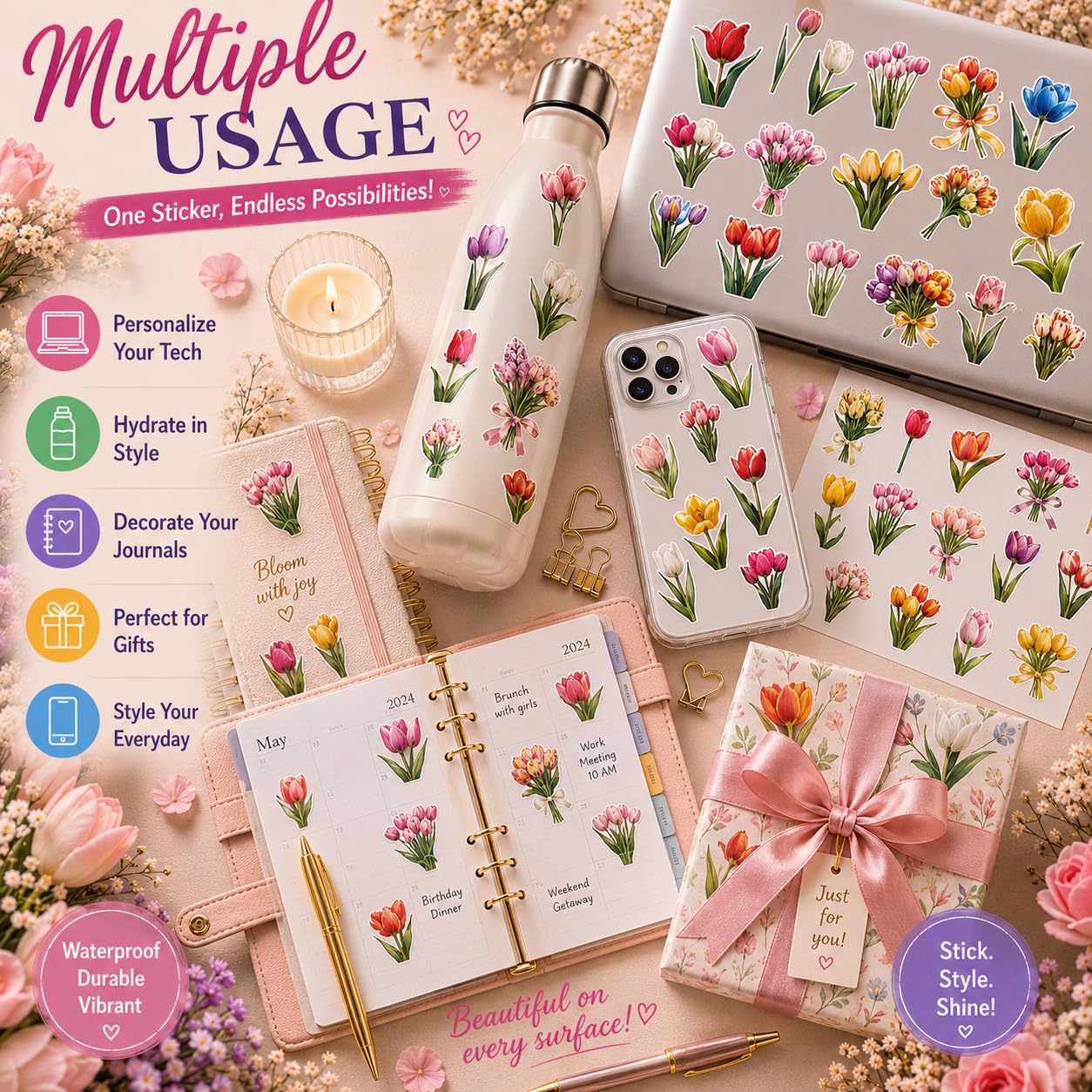 S.A.V.I 50 Pcs Tulip Flower Stickers Set, Waterproof Vinyl Decals