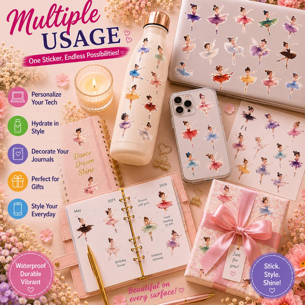 S.A.V.I 50 Pcs Cute Ballerina Princess Stickers for Kids Girls, PVC