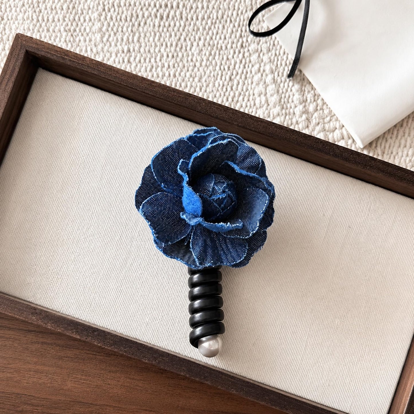 S.A.V.I Denim Flower Spiral Hair Tie for Women Dark Blue, Floral Elastic Pony Holder, 9 cm Accessory for Casual & Party, Comfortable