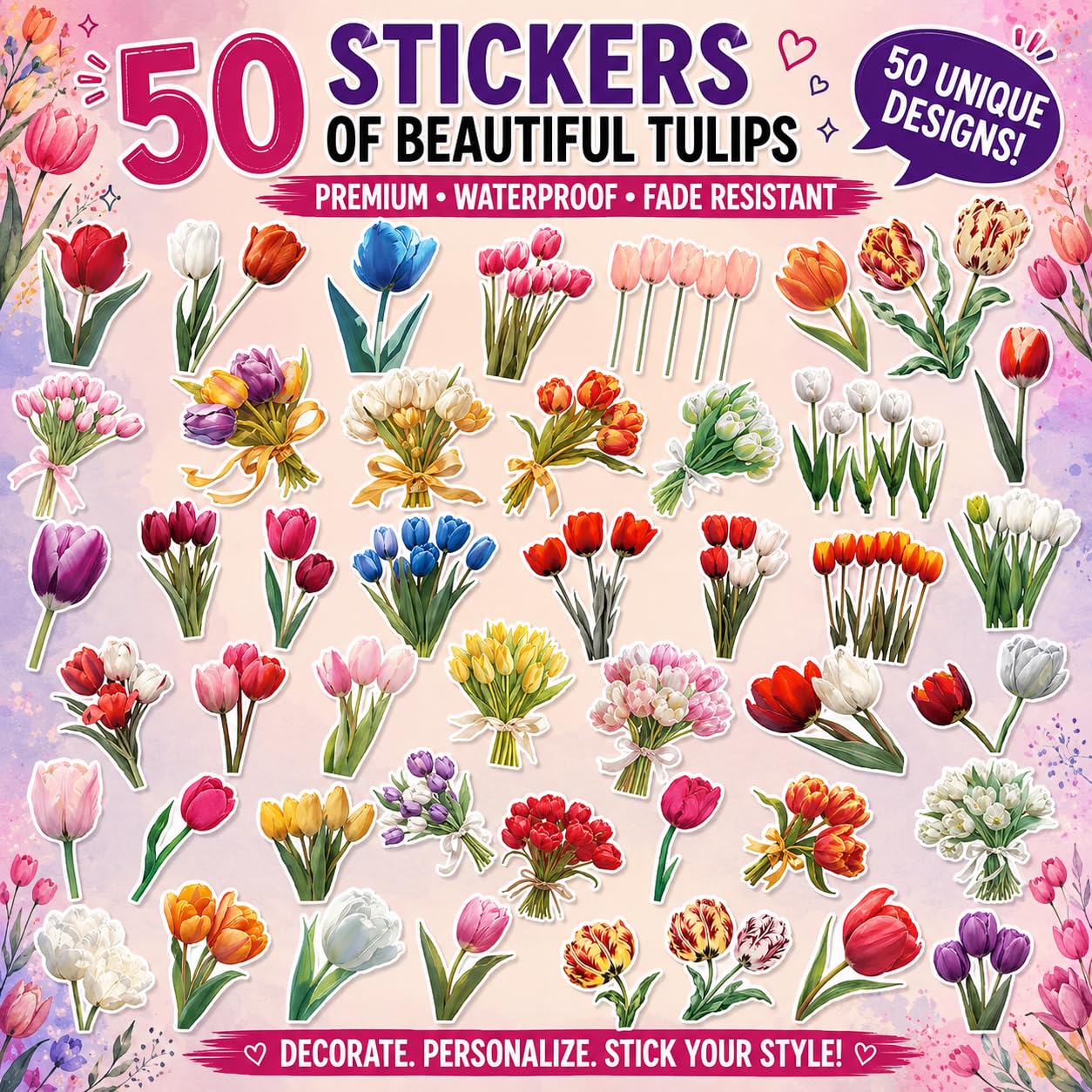 S.A.V.I 50 Pcs Tulip Flower Stickers Set, Waterproof Vinyl Decals