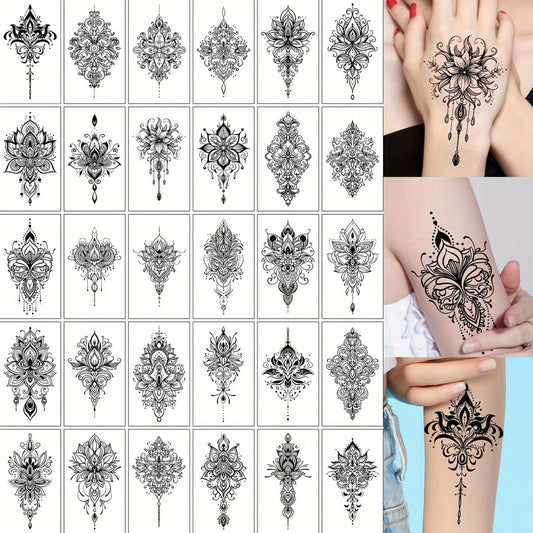 S.A.V.I 30 Pcs Black Temporary Tattoo Stickers for Women & Girls | Safe Non-Toxic Waterproof Mehndi Style Body Art | 9.7x5.7 cm Floral Mandala Design | Long Lasting Hand Arm Decoration (12)
