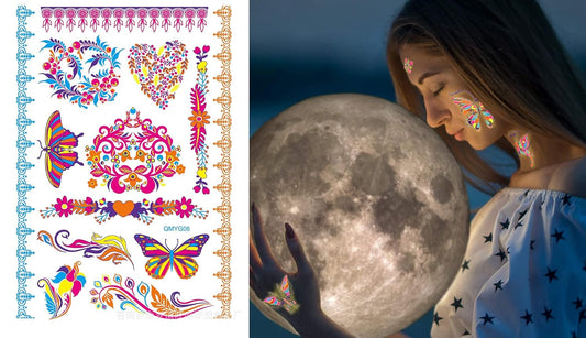 S.A.V.I Neon Temporary Tattoos, Glow UV Neon Body Face Skin Tattoo, Heart, Flowers, Butterflies, Armband, Tattoos Flash Fake Waterproof Tattoo Stickers for Women Men Girls Body Art, Size- 21x15CM