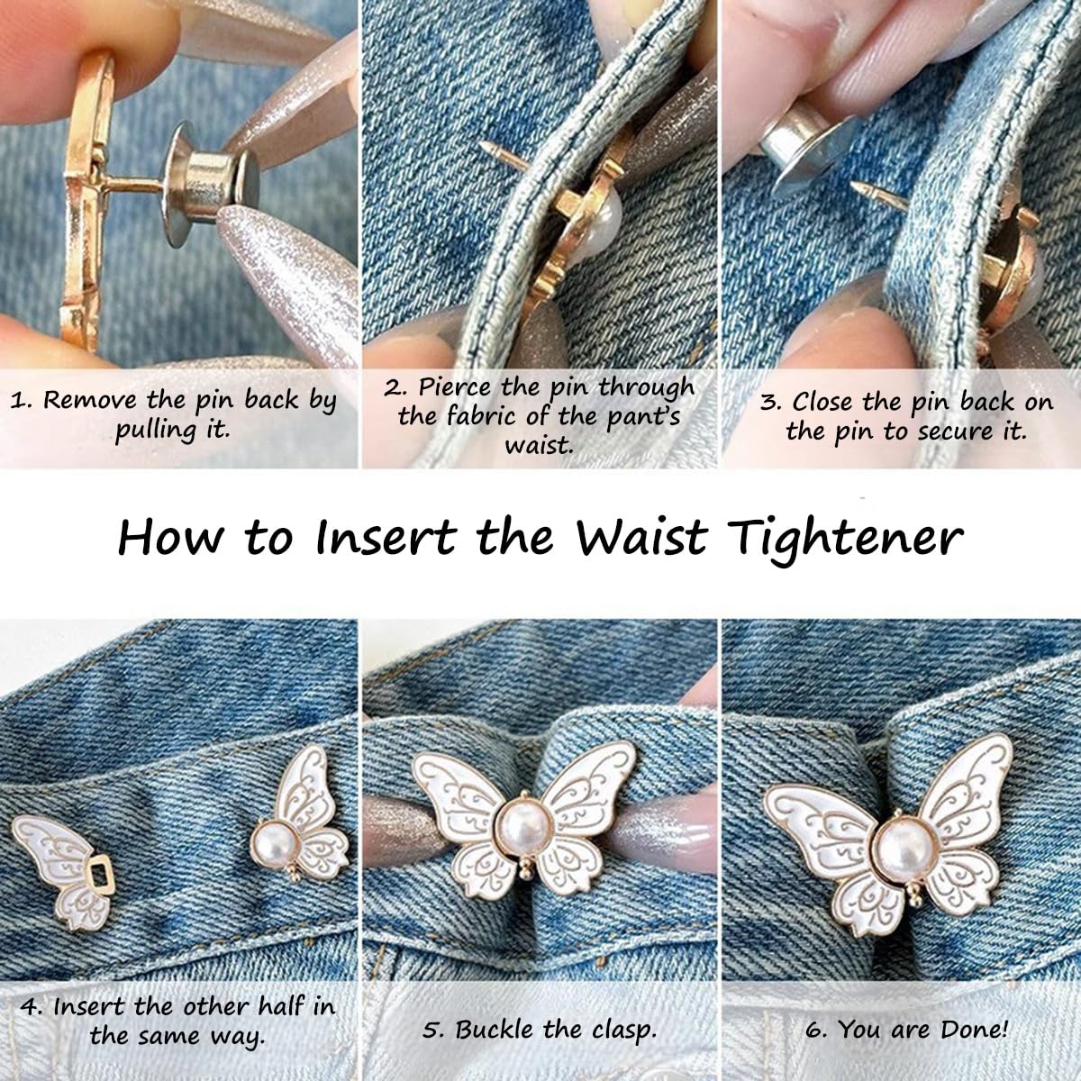 S.A.V.I 2 Pcs Butterfly Pant Waist Tightener Clip, No Sew Adjustable Button for Loose Jeans Dresses Skirts, White Pearl Metal Waist Buckle, Lightweight Perfect Fit (3cm x 2.5cm)