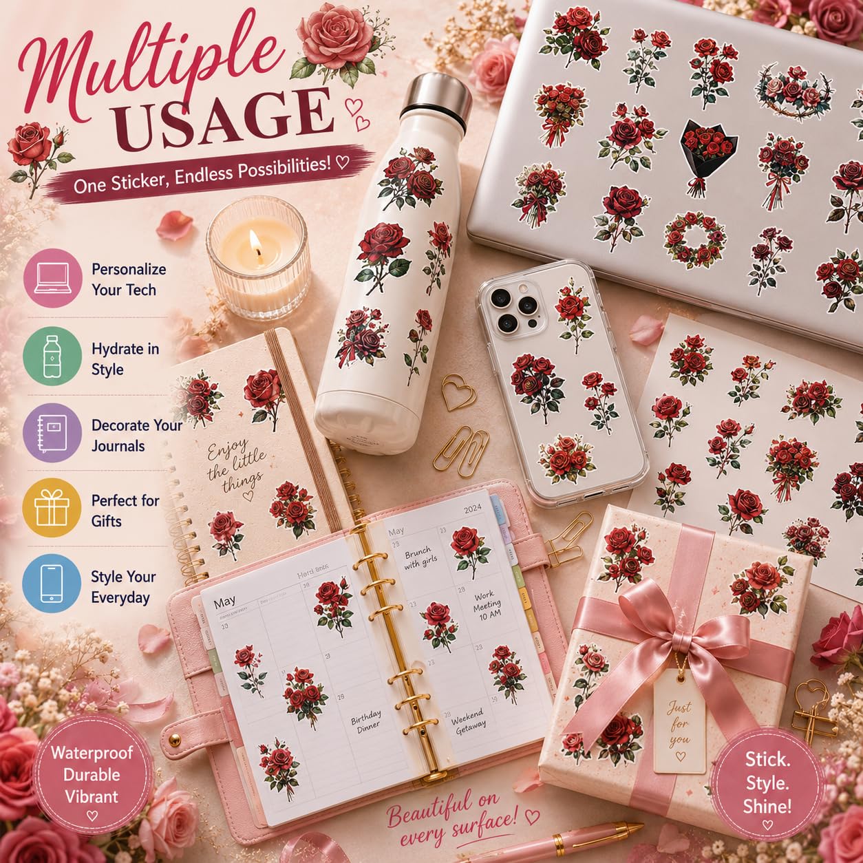 S.A.V.I 50 Rose Bouquet Stickers Pack, Floral Vinyl Decals for DIY Crafts