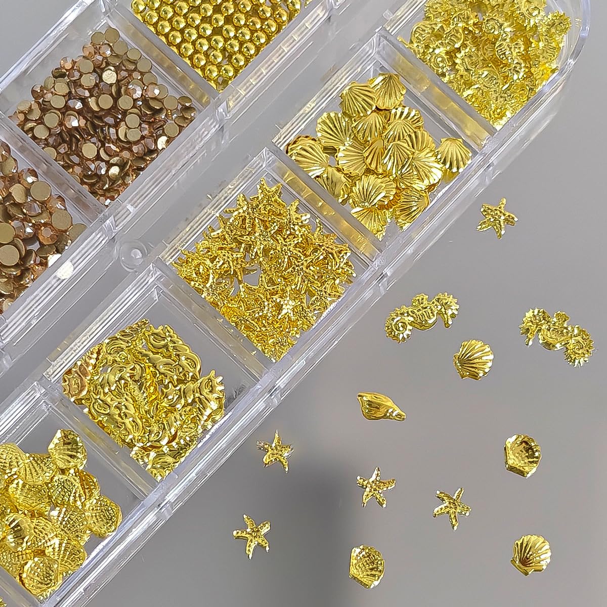 S.A.V.I 3D Beach Theme Nail Art Kit | Gold Metal Seashell, Starfish & Seahorse Charms with Pearls and Rhinestones | Multi Size Flat Back | 12 Grid Storage Box