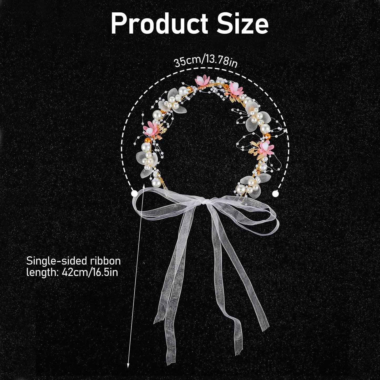 S.A.V.I Floral Pearl Headband for Women & Girls | Pink White Flower Hair Vine Crown Tiara with Ribbon Bow | Adjustable 35cm Bridal Hair Accessory for Wedding Party Festive