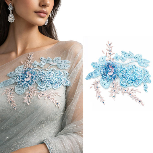 S.A.V.I Luxury Blue Floral Embroidered Appliqué Patch 20 x 25 cm | Sew-On Beaded Lace with Pearls | 3D Flower Design for Dress, Gown, Kurti & Bridal Wear (Blue)