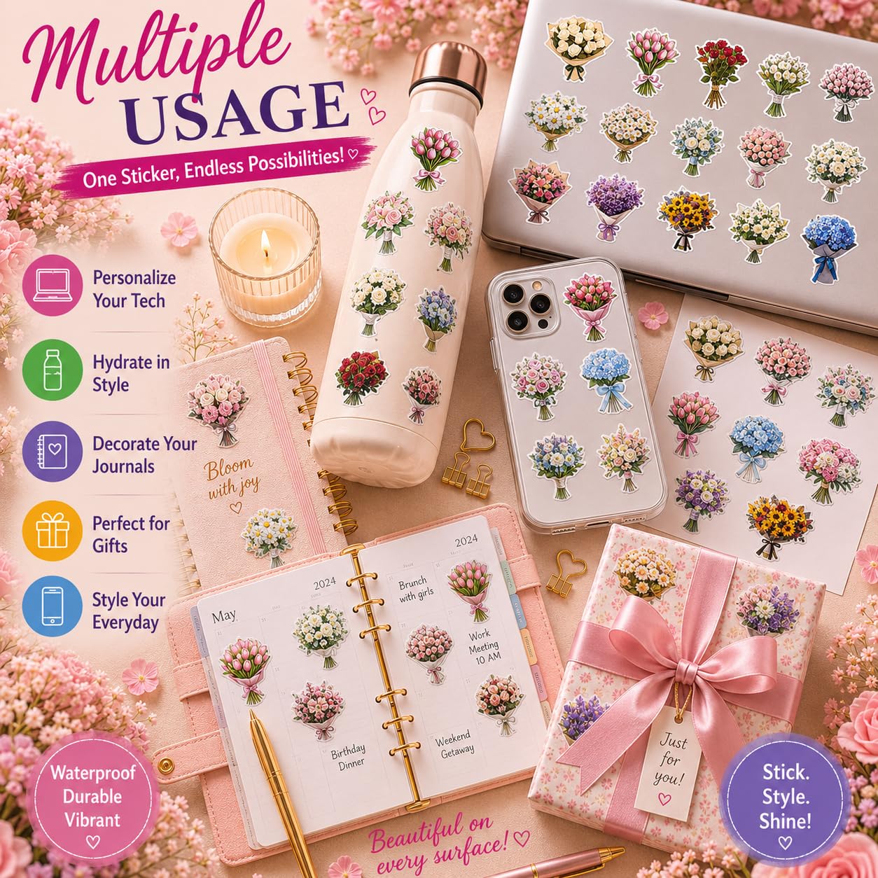 S.A.V.I 50 Pcs Multicolor Floral Stickers Pack, Waterproof Vinyl Decals
