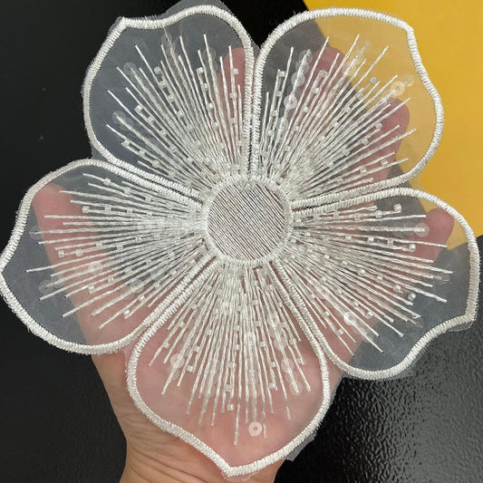 S.A.V.I 3D White Floral Applique Patch | Handcrafted Beaded Mesh Lace (16cm) | Sew-On Embellishment for DIY Dresses, Bridal Wear, Sarees, Lehengas, Gowns, Ethnic Outfits  Craft Sewing Accessories