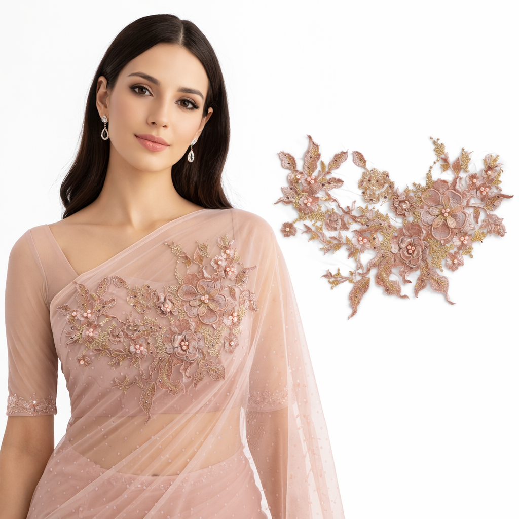 S.A.V.I 3D Floral Embroidered Applique Patch – Burgundy Rose Gold Mesh Lace Fabric (14.17x9.8 in) | DIY Bridal, Ethnic Wear, Lehenga, Saree, Blouse, Gown, Craft Sewing, Dress  Accessories (Burgundy)