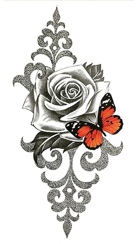 S.A.V.I Temporary Tattoo Stickers, Big Rose Flower Color Butterfly Tattoo Pattern For Men, Women, Tattoo For Hand Arm, Size 21x11cm - 1Pc.
