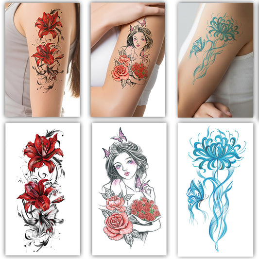 S.A.V.I 3 Sheets - Large Temporary Tattoos for Women & Girls – Waterproof Body Art Stickers | Red Floral, Butterfly Girl & Flower Design – 21x11 cm Safe & Non-Toxic Skin Tattoos (Mix)