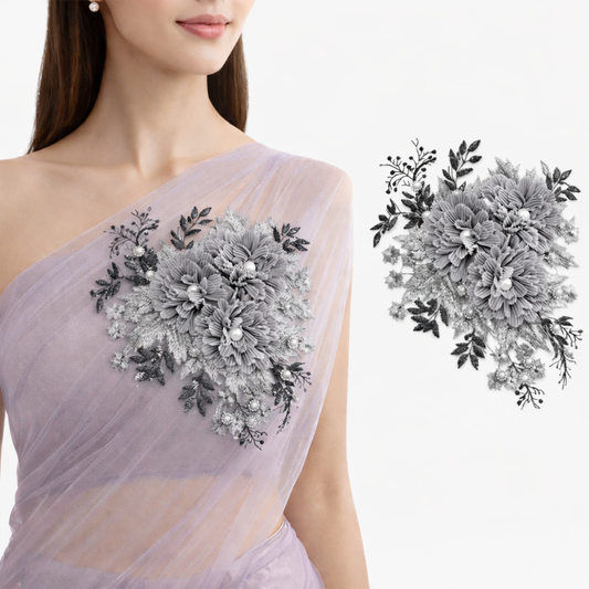 S.A.V.I 3D Grey Floral Embroidered Appliqué Patch with Pearl Beads | Premium Net Fabric Flower Motif 23x34 cm for Salwar Kameez, Gowns & Ethnic Wear